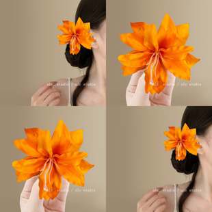橘洲花园！明媚橘百合花朵发夹！海边度假风旅游头花发饰旅行边夹