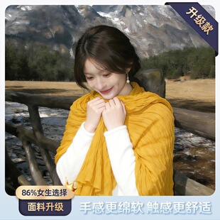 姜黄色复古文艺棉麻围巾女川西旅游亚麻褶皱薄款丝巾系脖纱巾披肩