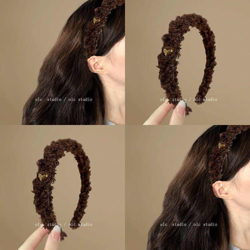 栗子棕~咖色爱心卷毛发箍秋冬