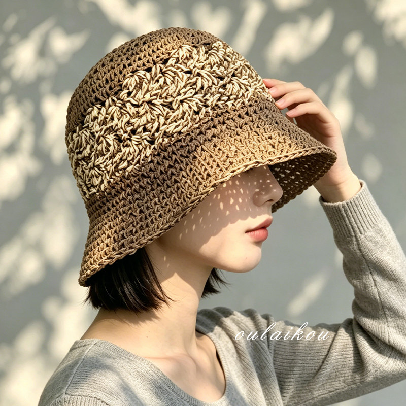 日系咖色编织花纹草帽子女2026夏