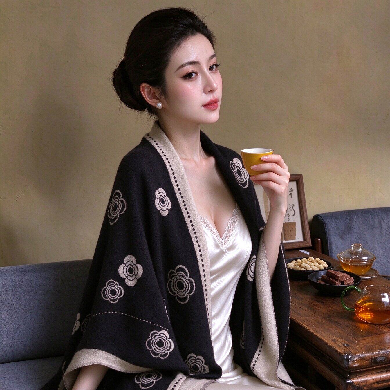 气质山茶花~小香风披肩秋冬款加厚保暖仿羊绒正反两用围巾围脖女