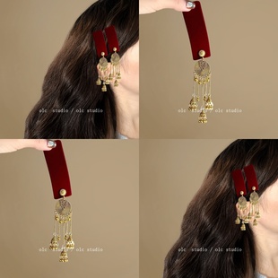 小扇鎏金~金色流苏扇形铃铛发夹！民族风边夹蒙古少刘海夹子女