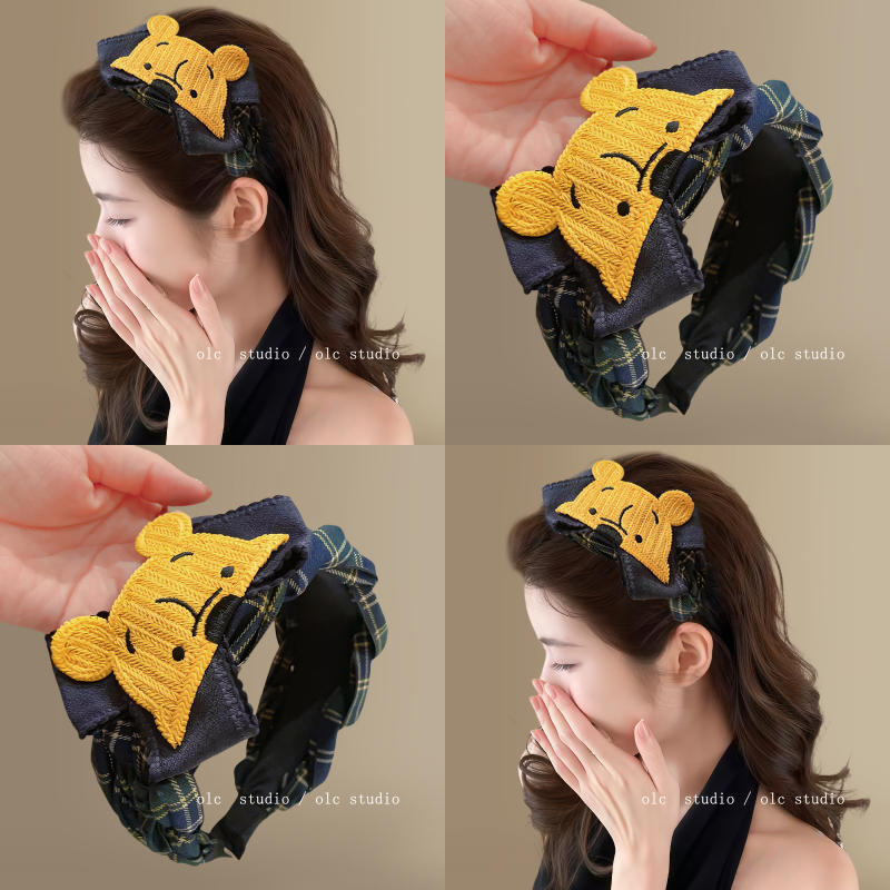 黄油小熊~可爱小熊蓝绿格纹发箍