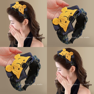 黄油小熊~可爱小熊蓝绿格纹发箍蝴蝶结宽边头箍盘发发饰2025新款