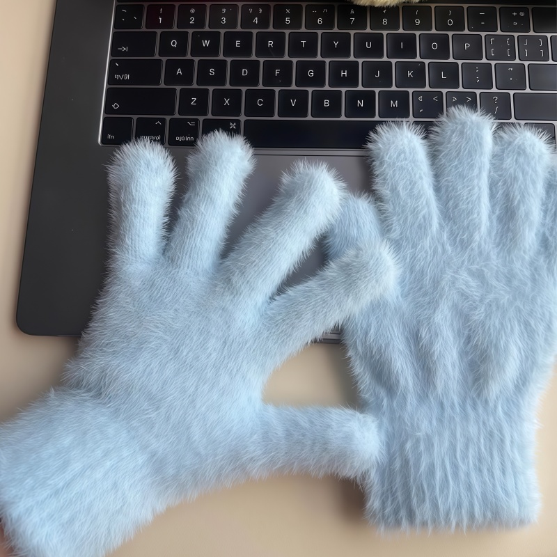 蓝色彷水貂毛绒手套女冬季韩系纯色糖果色分指保暖防寒骑行手套潮