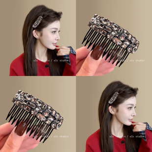 精致爆闪水钻防滑发梳女高颅顶倒插梳侧边夹碎发刘海夹头饰发卡