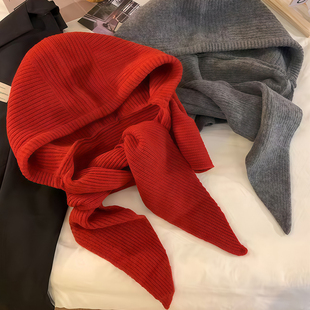 红色巴拉克拉法帽冬季护耳小红帽女生圣诞帽子围脖一体防寒针织帽