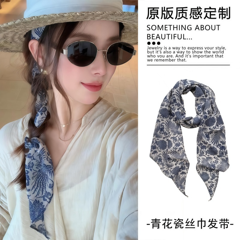 海边度假青花瓷丝巾发带2025新款发绳辫子绑带波西米亚风编发发饰