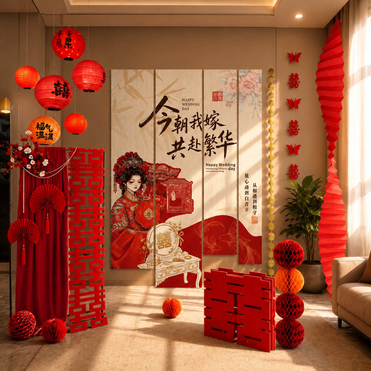 新中式婚房布置套装喜条幅晨袍图片