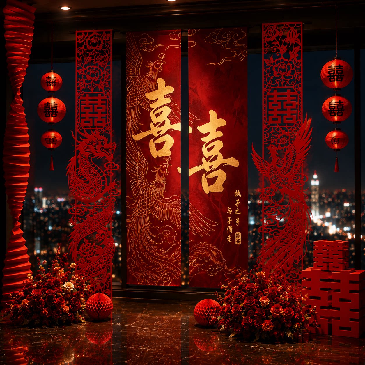 结婚客厅布置简单大气婚礼订婚背景墙布置婚房装饰挂布条幅图片