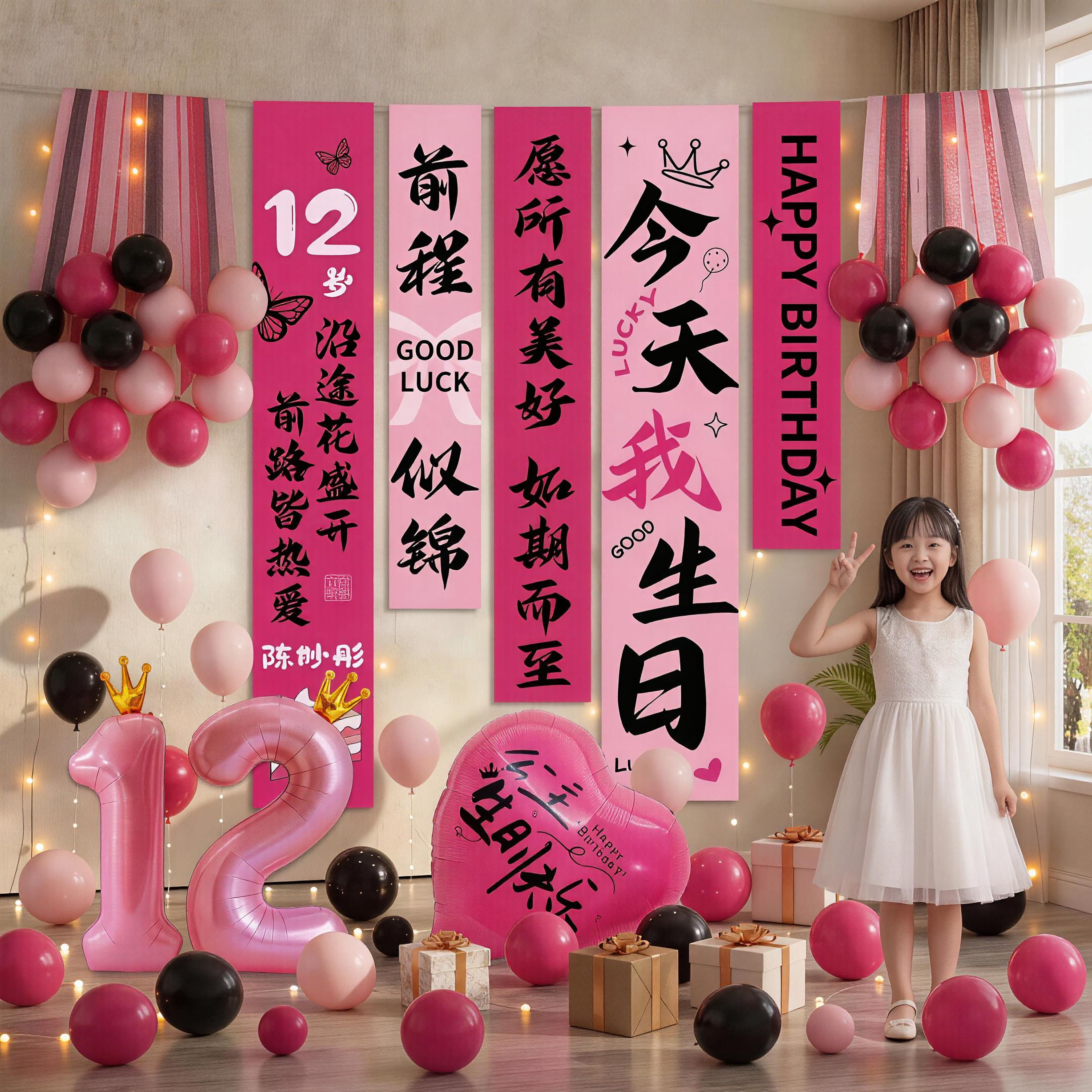 女孩12岁生日布置装饰场景儿童十周岁派对仪式感条幅挂布气球套装