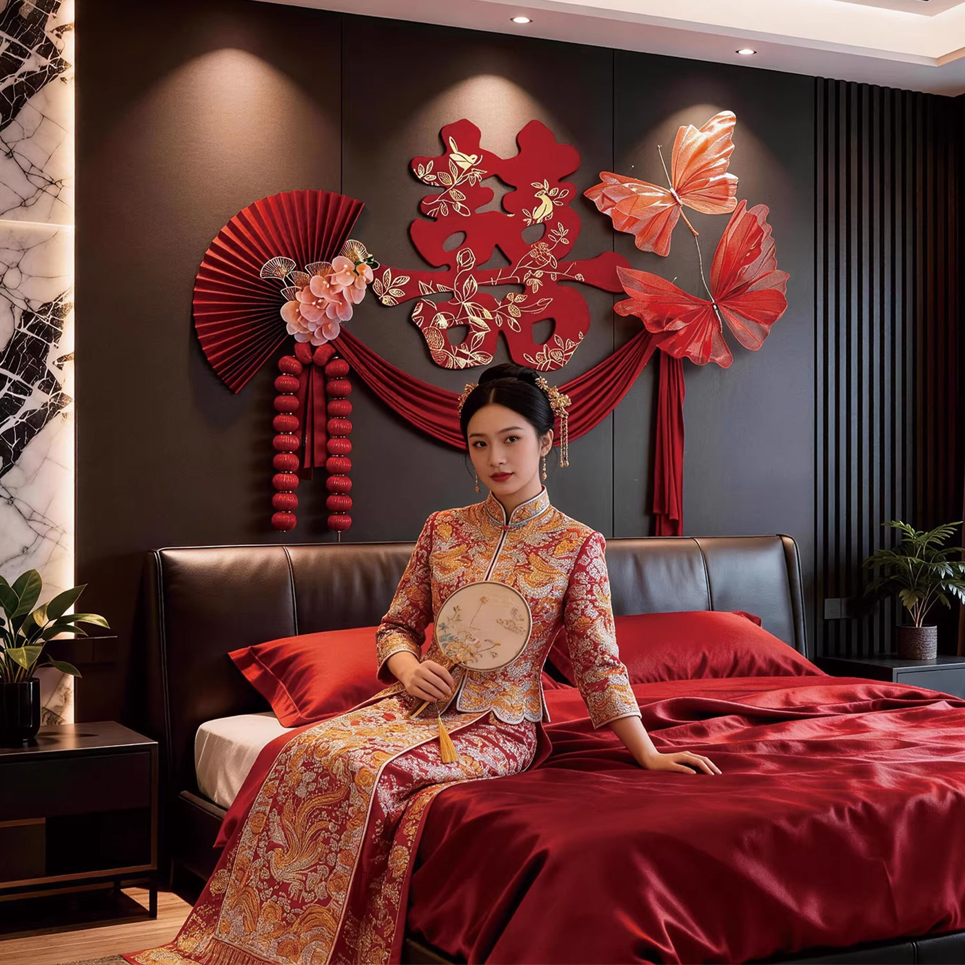 婚房床头装饰女方高级感娘家婚礼布置结婚卧室客厅装饰沙发背景墙