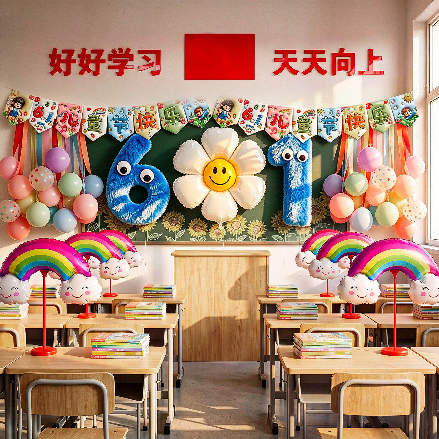 六一儿童节小学幼儿园教室拉旗氛围布置黑板背景墙多巴胺气球装饰
