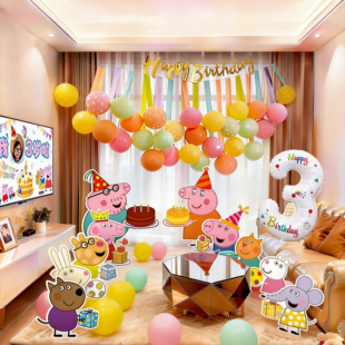 小猪佩奇主题生日布置场景装饰男女孩周岁派对气球氛围感背景KT板