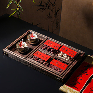 订婚摆台装饰布置结婚敬茶专用果盘木质盘子茶几七格托盘摆件全套