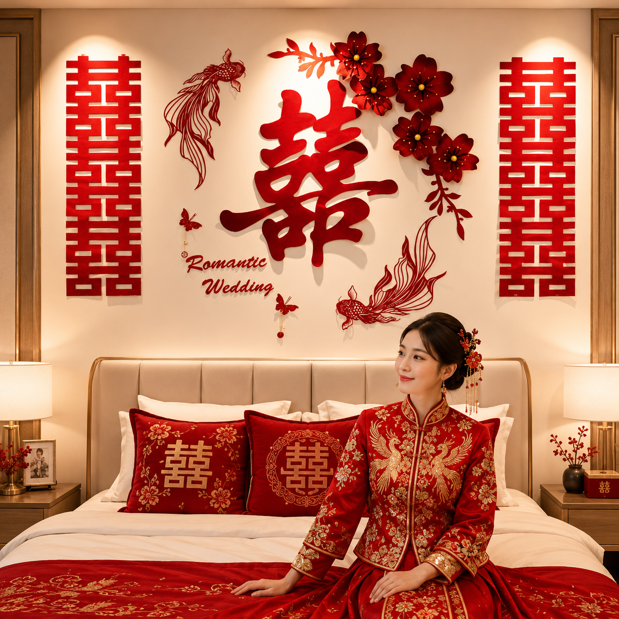 婚房布置女方卧室结婚专用新房客厅沙发背景墙大喜字装饰简单大气