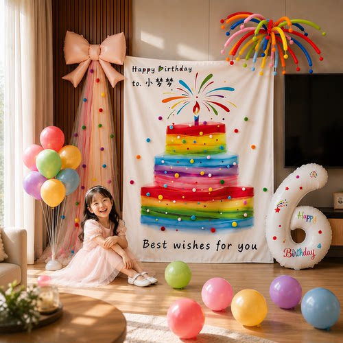 儿童周岁生日场景布置装饰氛围背景kt板拍照道具快乐仪式女孩派对