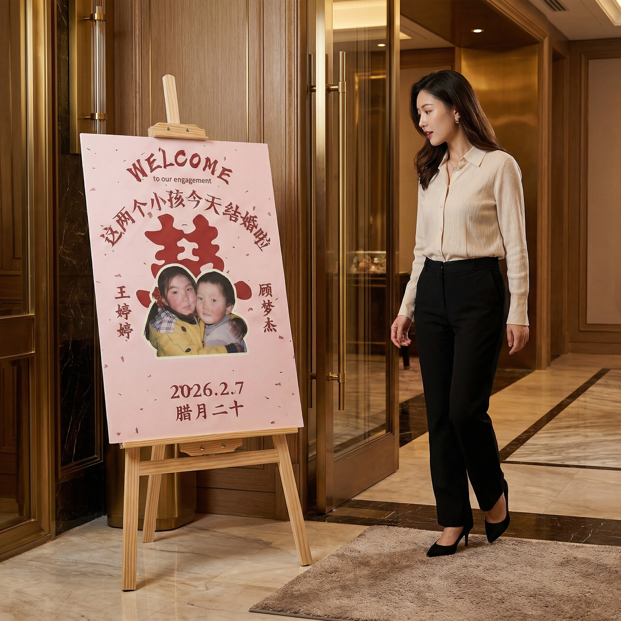 订婚迎宾牌小时候童年照片这俩小孩今天订婚啦结婚礼门口布置kt板