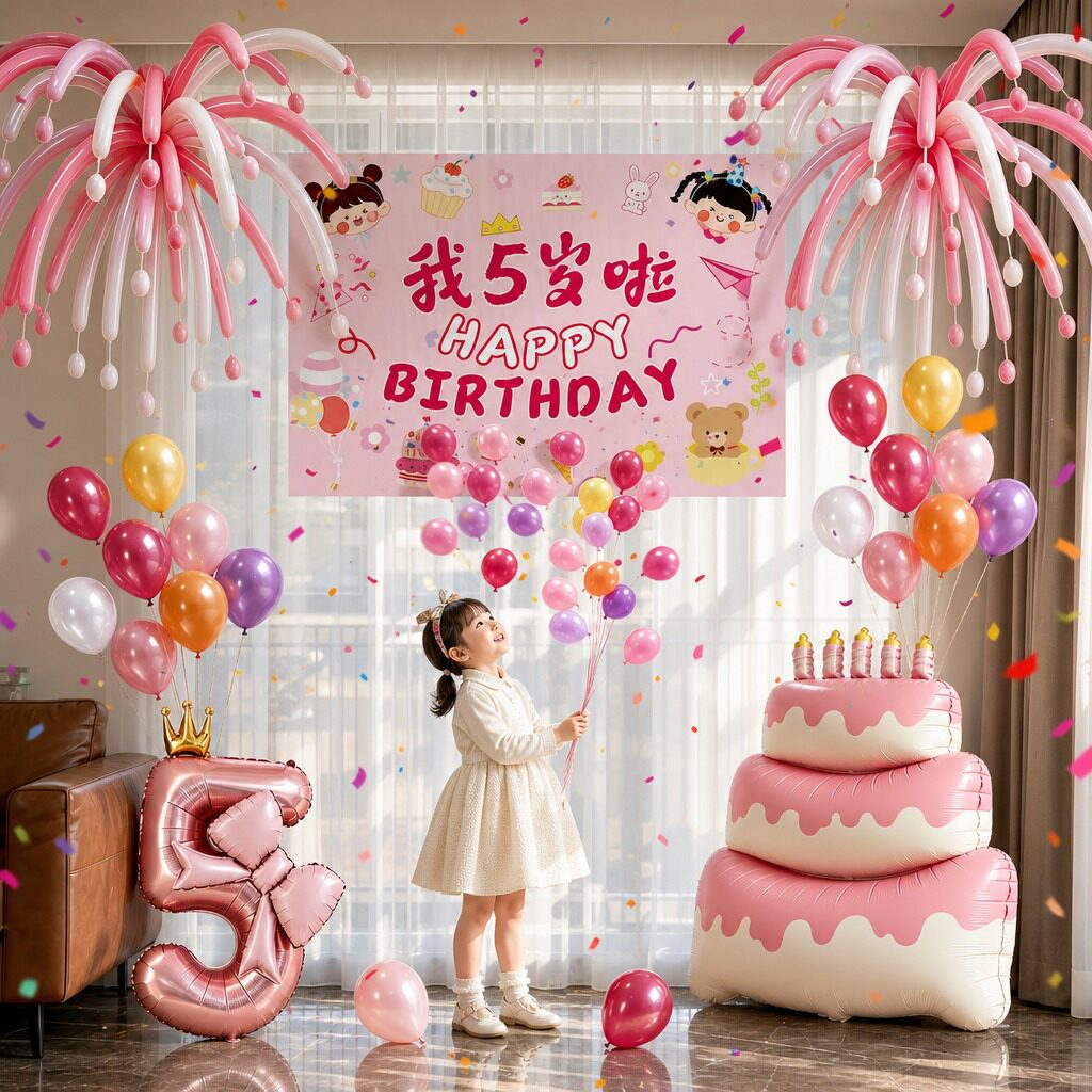 小女孩生日气球雨儿童派对仪式感氛围场景装饰布置5岁快乐挂布2岁