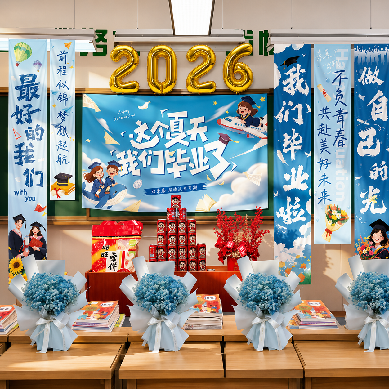 我们毕业啦季典礼教室黑板布置装饰签名墙氛围感拍照道具中小学生
