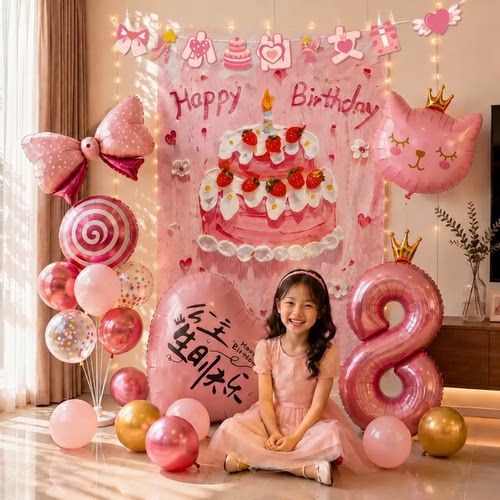 儿童宝宝女童8岁生日快乐仪式感女孩气球背景墙氛围场景装饰布置7