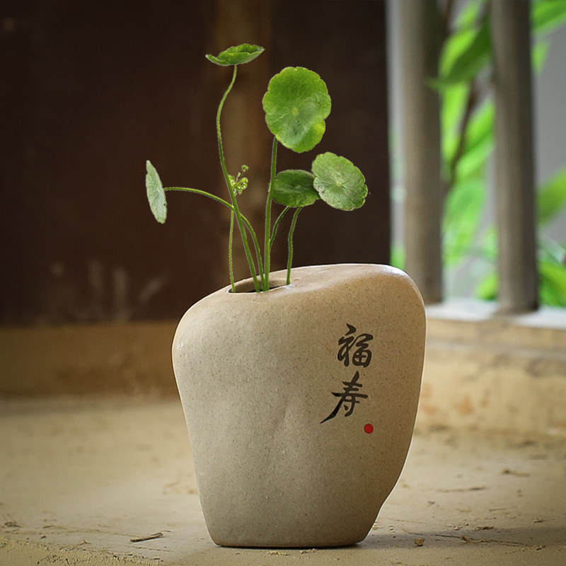 粗陶创意陶瓷水培铜钱草花盆无孔花插绿植容器中国风桌面花器清仓