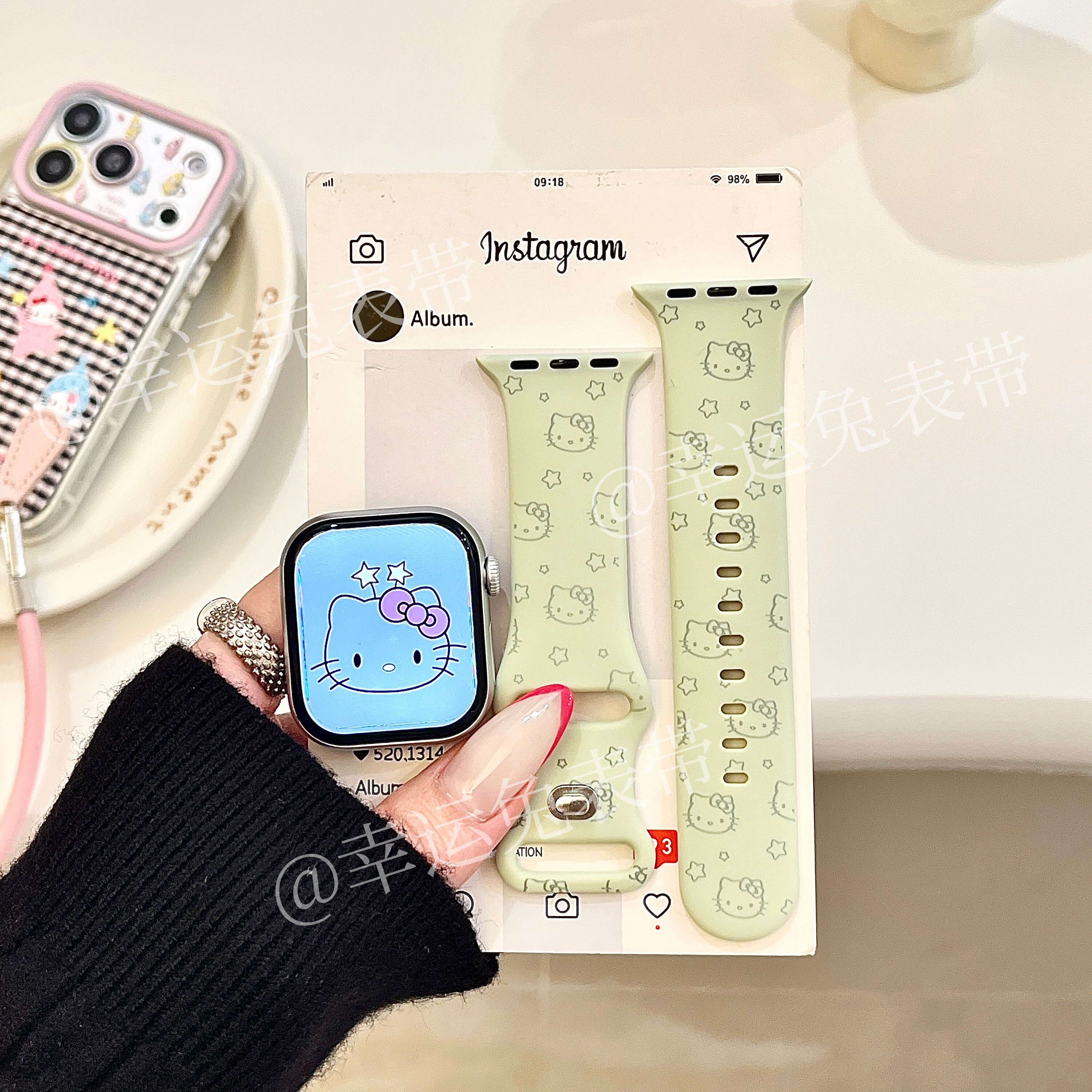 嫩绿色星星猫咪适用iwatchs12/11/10苹果手表表带硅胶Applewatchs