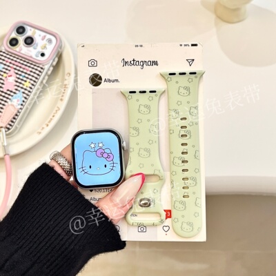 嫩绿色星星猫咪适用iwatchs11/10苹果手表表带硅胶Applewatchs9/8