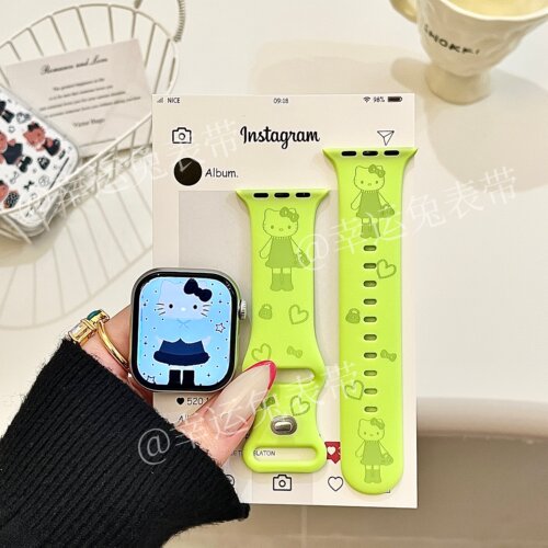 荧光绿长腿猫咪条适用iwatchs11/10苹果手表表带硅胶Applewatchs9