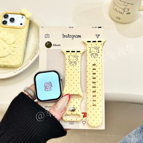 爱心猫咪适用iwatchs11奶黄色10苹果手表表带硅胶Apple7watchs9/8