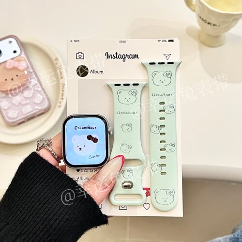 清新小熊头适用iwatchs11/10苹果手表表带SE硅胶Applewatchs9/8/7