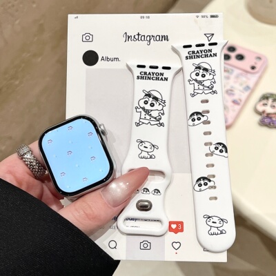 蜡笔小新适用iwatchs11/10苹果手表表带SE硅胶Applewatchs9/8/7白