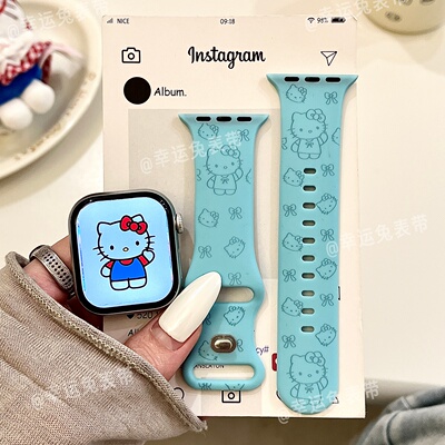 挥手猫咪适用iwatchs12/11可爱新款10苹果硅胶表带Applewatch9/8