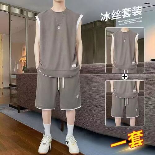无袖t恤男士短袖华夫格背心冰丝