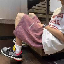 粉色刺绣短裤男生夏季新款外穿美式潮牌男士宽松透气运动休闲裤子