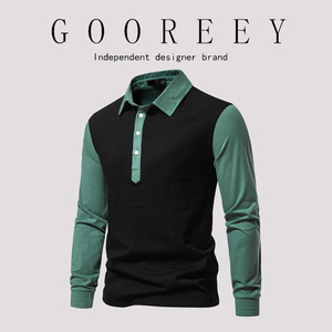GooReey个性男长袖T恤欧美简约修身打底衫2024秋季拼色纽扣POLO衫