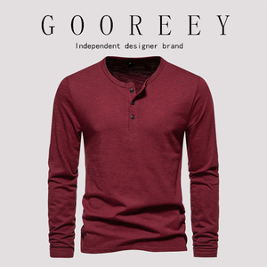 GooReey漫威欧美秋新款三粒扣亨利竹节棉长袖T恤男士时尚修身打底