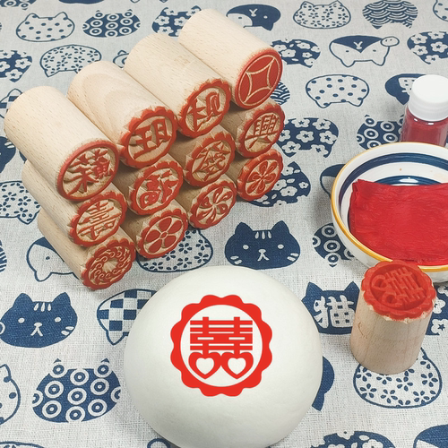 福字印章中式馒头喜字点红木质