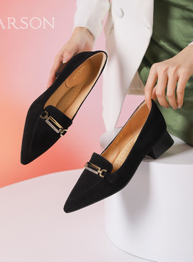 哈森羊反绒单鞋女新款时尚尖头粗跟通勤女单鞋HWS240105