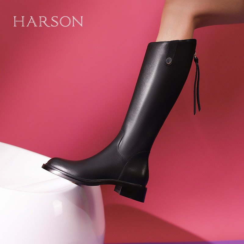 现货哈森奥莱专柜正品厚底骑士靴后拉链显高显瘦女长靴HWA230153