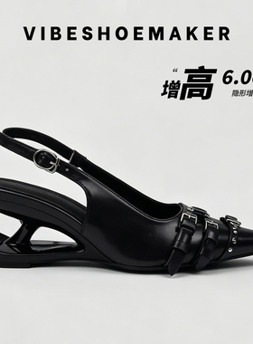 【增高6CM】 真皮一字扣带时装凉鞋女2026新款金属扣外穿后空单鞋