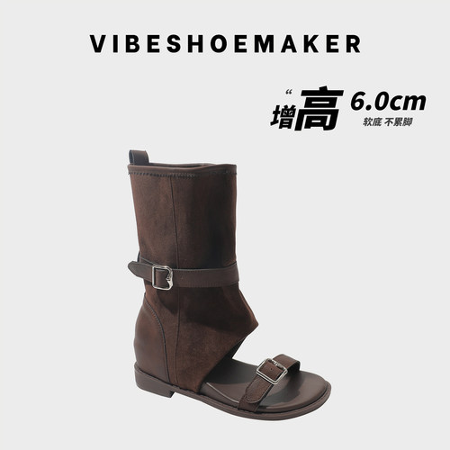【增高6CM】真皮露脚趾罗马凉鞋