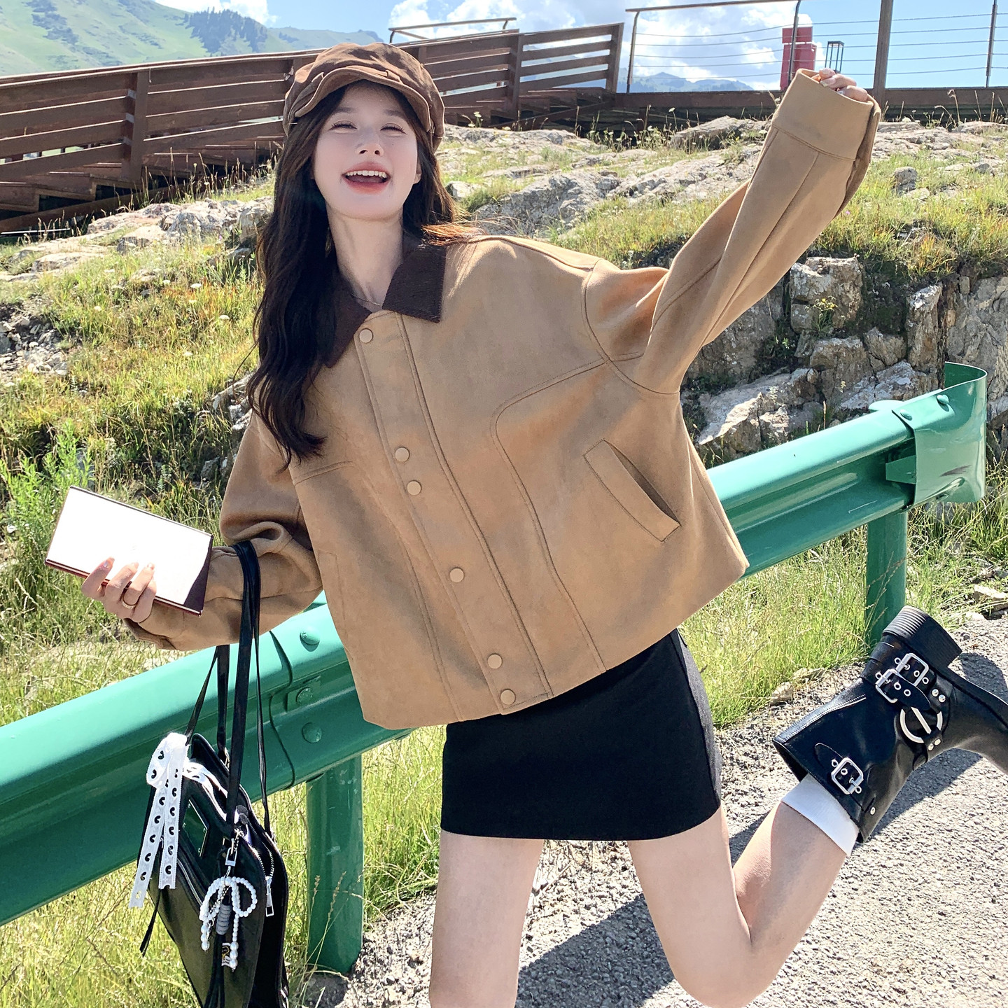 巴恩风撞色翻领短款夹克外套女春秋高级感显瘦百搭小个子上衣