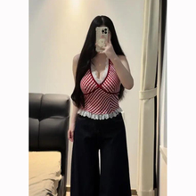 大码胖mm美式辣妹红色格子挂脖背心吊带女夏季接蕾丝花边V领上衣