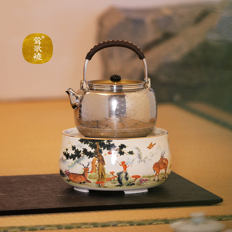 正品莺歌烧电陶炉国风粉彩福禄封侯煮茶炉无风扇家用遥控煮茶器