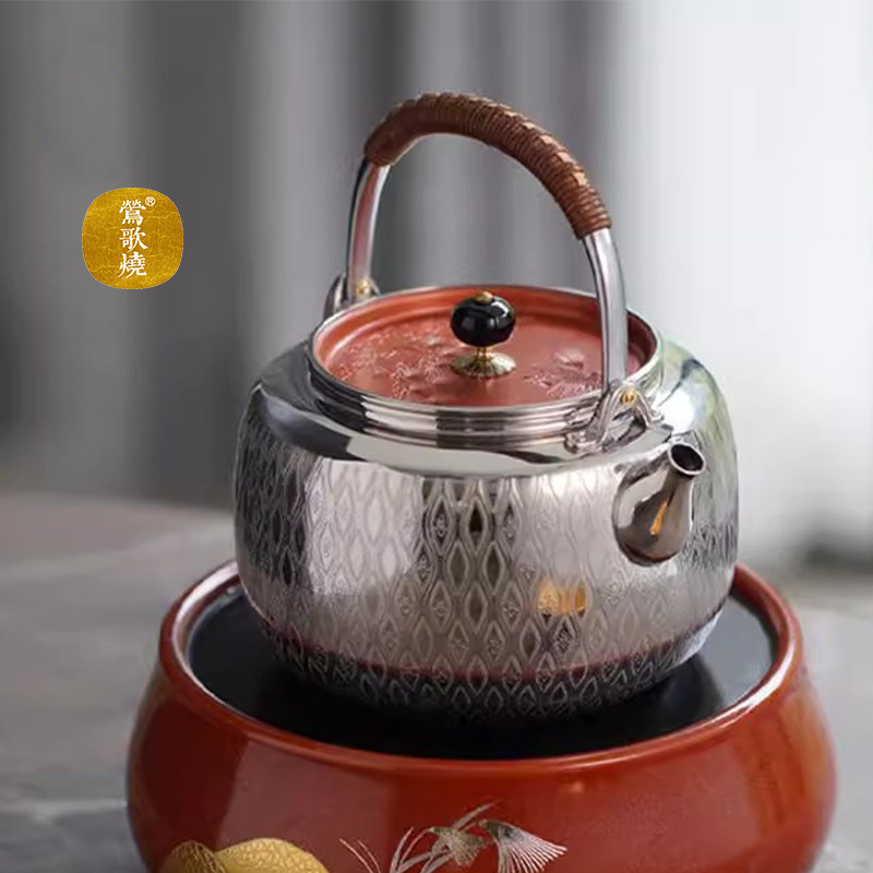 莺歌烧SUS316不锈钢烧水壶樱花纹紫铜盖提梁茶壶耐高温煮水壶