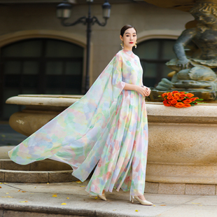 小众设计师印花连衣裙雪纺早春新款法式高级感长裙飘逸披肩礼服裙