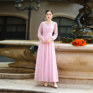 法式碎花连衣裙雪纺春夏复古高级感气质收腰显瘦长袖裙子大摆长裙