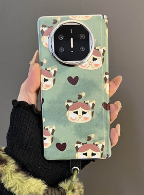 适用华为matex6折叠屏手机壳复古绿色matex5典藏版铰链中轴保护华为matex3爱心卡通哭娃皮质折叠支架挂绳女款