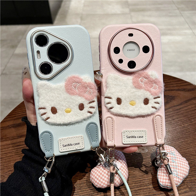 适用华为mate60pro+手机壳日韩可爱卡通毛绒Kitty猫pura70pro+爱心挂绳p70pro皮质大视窗全包防摔保护闺蜜女